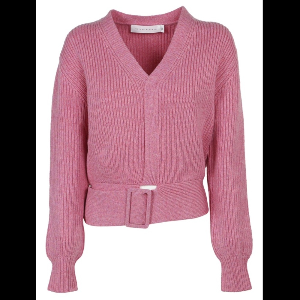 VICTORIA BECKHAM V-NECK BELTED WOOL CARDIGAN